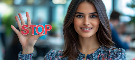 Young Woman Holding STOP Sign, Blurred Office Background, Themes Empowerment, Boundariesの素材