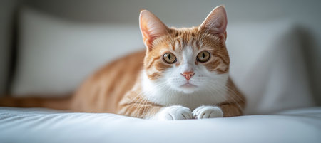 Portrait of an Attentive Ginger and White Cat Against a White Background, Peaceful Pet Relaxingの素材