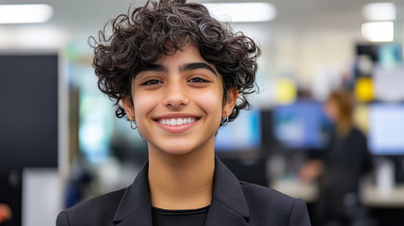 Confident Young Professional Woman Smiling in Modern Office Natural, Bright, Airy Portraitの素材