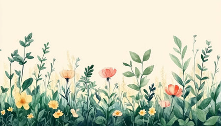 Watercolor Wildflowers, Leaves, and Grasses Create a Beautiful Border on a Soft Peach Backgroundの素材
