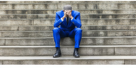 Frustrated Businessman in a Blue Suit Despairs on Steps, Hiding His Face in his Hands.の素材