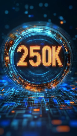 Glowing Digital Number 250K with Futuristic Tech Background, Technology and Business Conceptの素材