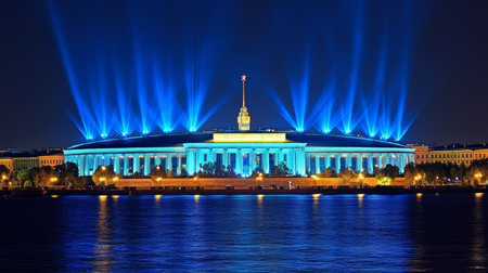 Palace Square, Saint Petersburg, illuminated government building, river, night time, urban landscapeの素材