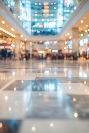 Blurred Shopping Mall Interior Representing Energy and Commerce, Ideal for Retail Background.の素材