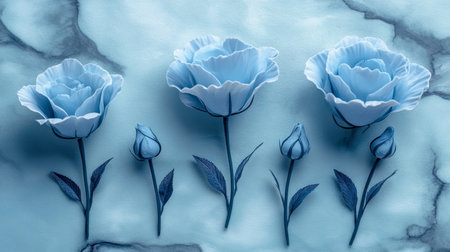 Five Delicate Blue Flowers and Buds on Marble, Floral Arrangement, Fine Art Floral Photographyの素材