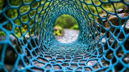 Blue Net Tunnel, Perspective, Abstract Background, Outdoor Installation, Art, Modern Structureの素材