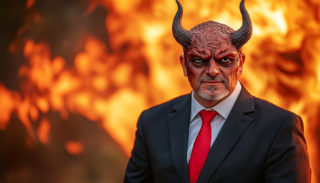 Confident Business Man in Devil Mask with Red Tie, Suit, Horns, Against Flaming Backdropの素材