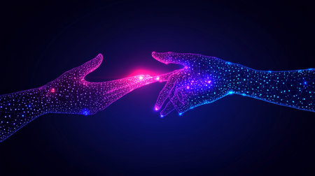 Two Hands Connect, Network, In Bold Colors Of Digital Data On A Gradient Blue Backdropの素材