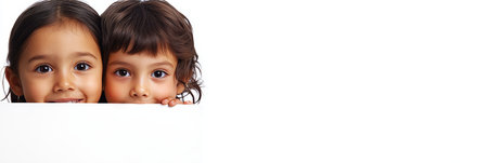 Two Curious Children Peeking Over a White Wall Bright, Isolated Studio Portrait With Copy Spaceの素材