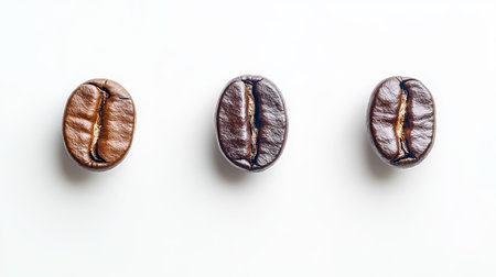 Three Roasted Coffee Beans In Graduated Shades Of Brown, Isolated On White Backgroundの素材