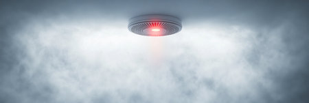 Smoke Detector with Flashing Red Light, Surrounded by Thick Smoke. Home Safety Concept.の素材