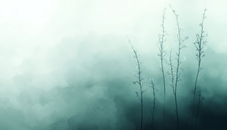 Gentle Cyan Watercolor Meadow Airy, Pastel Flowers Rise from a Textured Background of Mist and Fogの素材