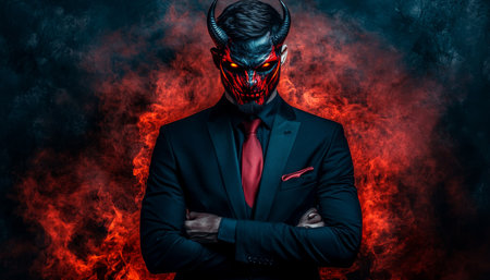 Corporate Devil Businessman with Devil Mask and Fiery Backdrop, Concept of Power and Temptationの素材