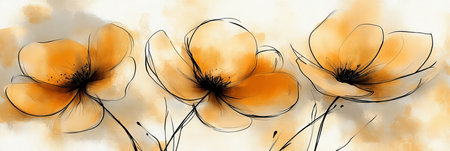 Three Soft Yellow Abstract Flowers on Neutral Watercolor and Ink Brush Strokes Floral Backgroundの素材