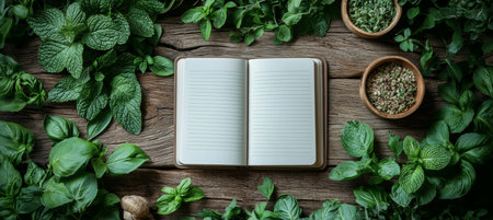 Open Recipe Notebook Mockup, Fresh Herbs, and Spices on a Rustic Wooden Background, Top Viewの素材