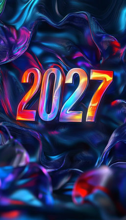 Shiny, Multicolored 2027 on an Abstract Swirling, Fluid Art Background, Happy New Year Bannerの素材