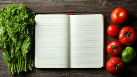 Open Notebook with Fresh, Colorful Vegetables for Healthy Recipes on Rustic Wooden Table, Top Viewの素材