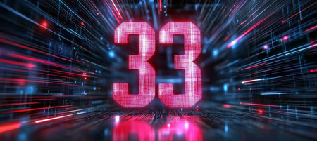 Number 33 Glowing in Abstract Futuristic Cyberspace Technology Background, 3D Illustrationの素材