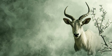 Magical White Antelope With Elegant Horns Posing In An Enchanting Forest, Wildlife Portraitの素材