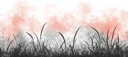 Delicate Pink and Gray Watercolor Wash with Silhouetted Grasses, Nature Background, Romantic Designの素材