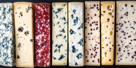 Variety of gourmet cheeses, close-up. Different types of cheese with various textures and flavors.の素材