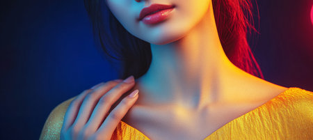 Close-Up Portrait, Sensual Woman, Yellow Fabric, Studio Lighting, Colorful Backgroundの素材