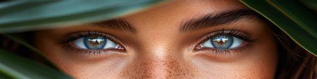 Close-up Beauty Portrait of a Woman Peeking Through Tropical Leaves, Emphasizing Striking Blue Eyesの素材
