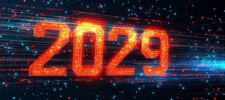 Glowing Digital 3D Number 2029 Representation Against Futuristic Abstract Technology Backgroundの素材