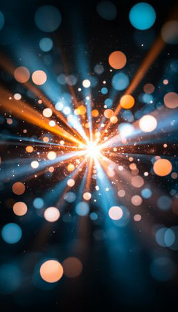 Abstract Orange And Blue Lights Beams Bursting With Bokeh Circles, Geometric Design, Dark Backgroundの素材