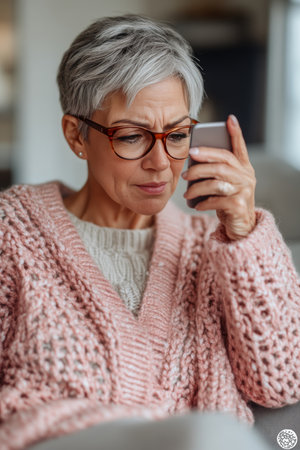 Senior Woman Experiencing Eye Strain from Smartphone, Eye Fatigue and Digital Devices Concept,の素材