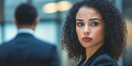 Stressed Businesswoman feeling uncomfortable about invasion of personal space at office.の素材