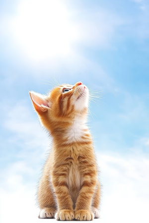 Adorable Tabby Kitten Sitting and Looking Up with Curiosity Into the Bright Blue Sky on a Summer Dayの素材