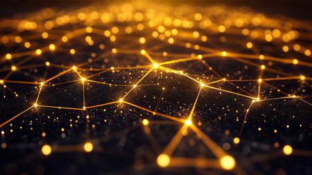 Glowing Golden Network with Interconnected Nodes and Edges on a Dark Background, Vector Designの素材