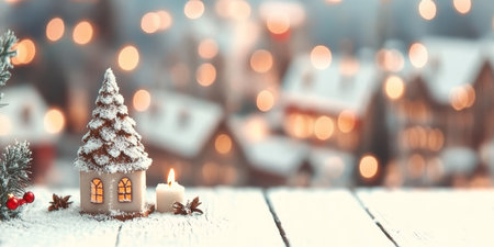 Christmas Still Life, Candle and Tiny Lighted House , Blurred Christmas Bokeh Lights Backgroundの素材