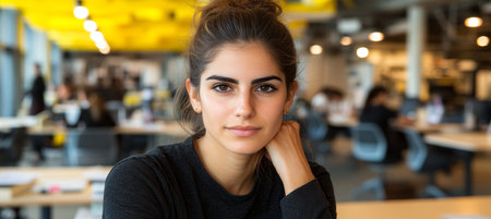 Portrait of a Confident Young Woman In a Modern Startup Office Warm Daylight, Blurred Backgroundの素材