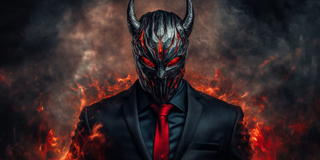 Devilish Businessman in Suit with Glowing Horns Amidst Blazing Inferno, Halloween Portraitの素材