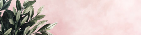 Green Lush Foliage on Soft Pastel Pink Textured Background with Copy Space for Designの素材