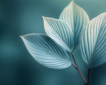 Vibrant Green Leaves, Close-up, Smooth Textures, Minimalist Composition, Solid Backgroundの素材