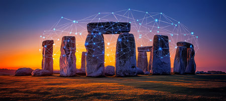 Ancient Connectivity Stonehenge United Kingdom Illuminated And Linked, Technology in Historyの素材
