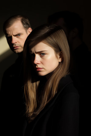 Woman Feeling Trapped, Uncomfortable Confrontation, Office Power Dynamics, Workplace Harassmentの素材