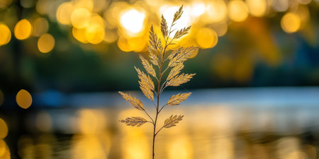 Golden Hour Tranquility Serene Beauty of an Isolated Plant Against a Dreamy Bokeh Background.の素材