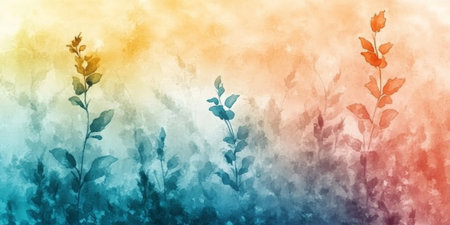 Soft Focus Floral Watercolor Background, Delicate Peach and Blue Hues with Ethereal Wildflowersの素材