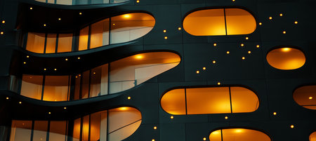 Modern Building With Round Windows Illuminated in Orange at Night. Architecture Design Conceptの素材