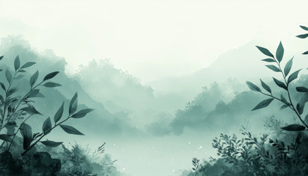 Serene Mint Green Watercolor Landscape, Floral Accents, Sparkling, Calming Nature Sceneの素材