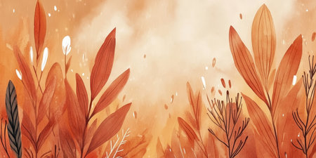 Abstract Peach Watercolor Background With Outlined Wildflowers, Soft Textures, Dreamy Atmosphereの素材