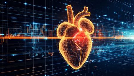 Digital Heart Monitoring Glowing Red Heart Icon on Abstract Grid Background Vector Illustration.の素材
