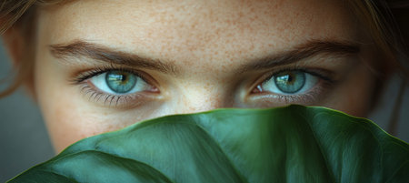 Close Up Studio Portrait Of Woman With Freckles And Blue Eyes Hiding Behind A Monstera Leafの素材