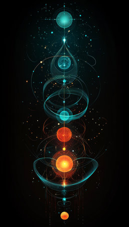 Abstract Energy Flow, Teal and Orange Spheres, Glowing Orbs, Digital Art on Black Backgroundの素材
