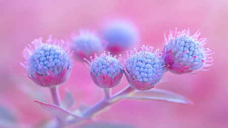 Blooming wildflowers. Close up of purple buds in soft pink and violet, macro flower photographyの素材