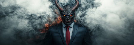 Dark. Businessman In Devil Mask With Horns Against Glowing Embers And Smoke, Portraitの素材